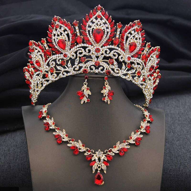 Luxury Green Crown Bridal Sets for Women Tiaras and Necklace Earrings Bride Jewelry Set Wedding Costume accessories Z260313