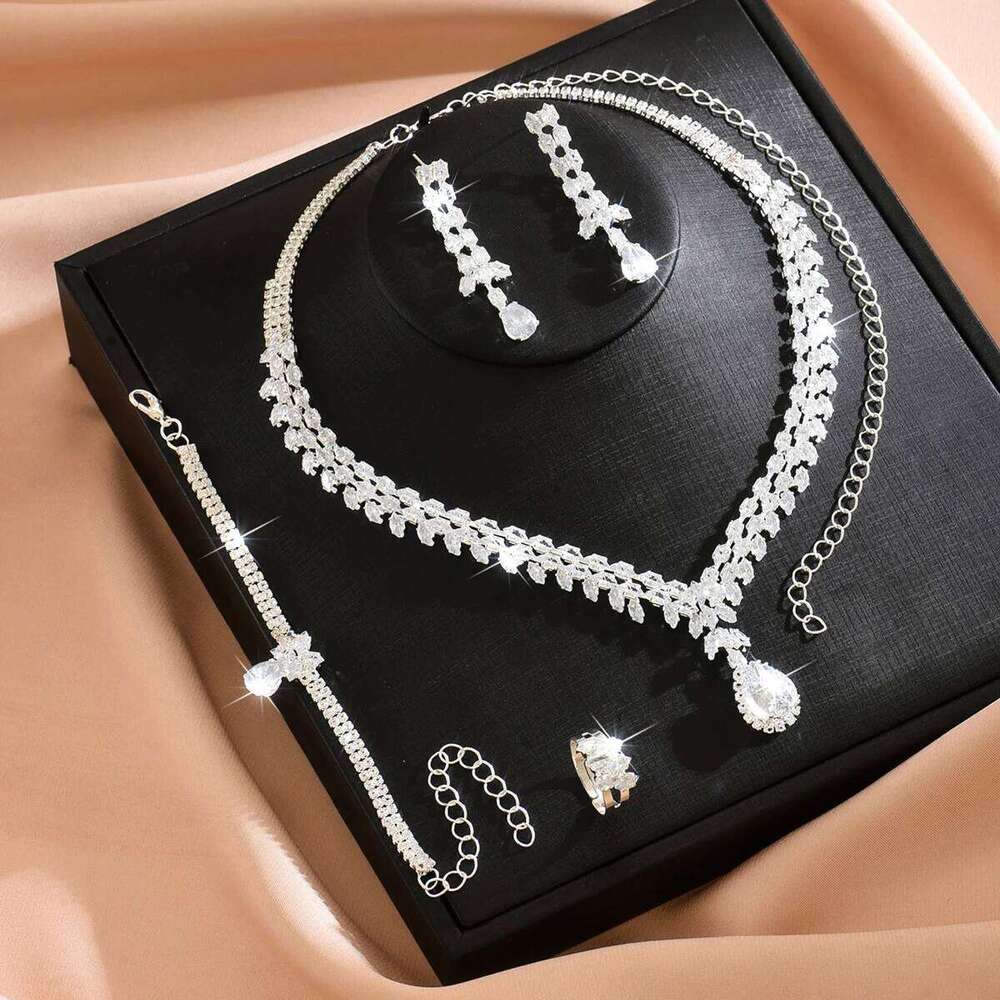 Ins Premium Simple and Versatile Daily Silver Necklace Earrings Bracelet Ring Full Diamond Four Piece Set Z260313