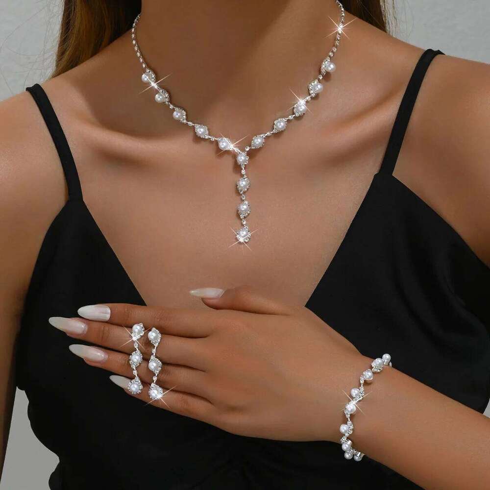 4/3PC Women's Fashion Copper Claw Chain Pearl Necklace Earrings Bracelet Jewelry Set Wedding Banquet Party Holiday Gift Z260313