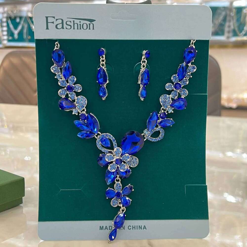 Elegant Blue Crystal Flower Statement Set for Women - Fashion Party Choker Necklace with Earrings 2025 New Arrival Z260313
