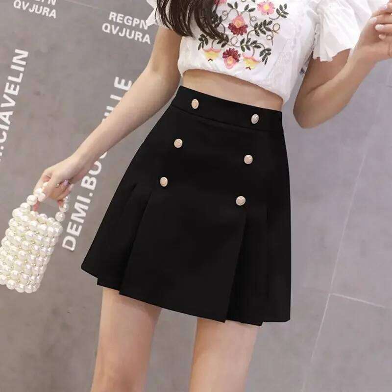Korean pleated women's summer new high waist slim exposure-proof double-breasted A-line skirt fashion temperament skirt. Z260314