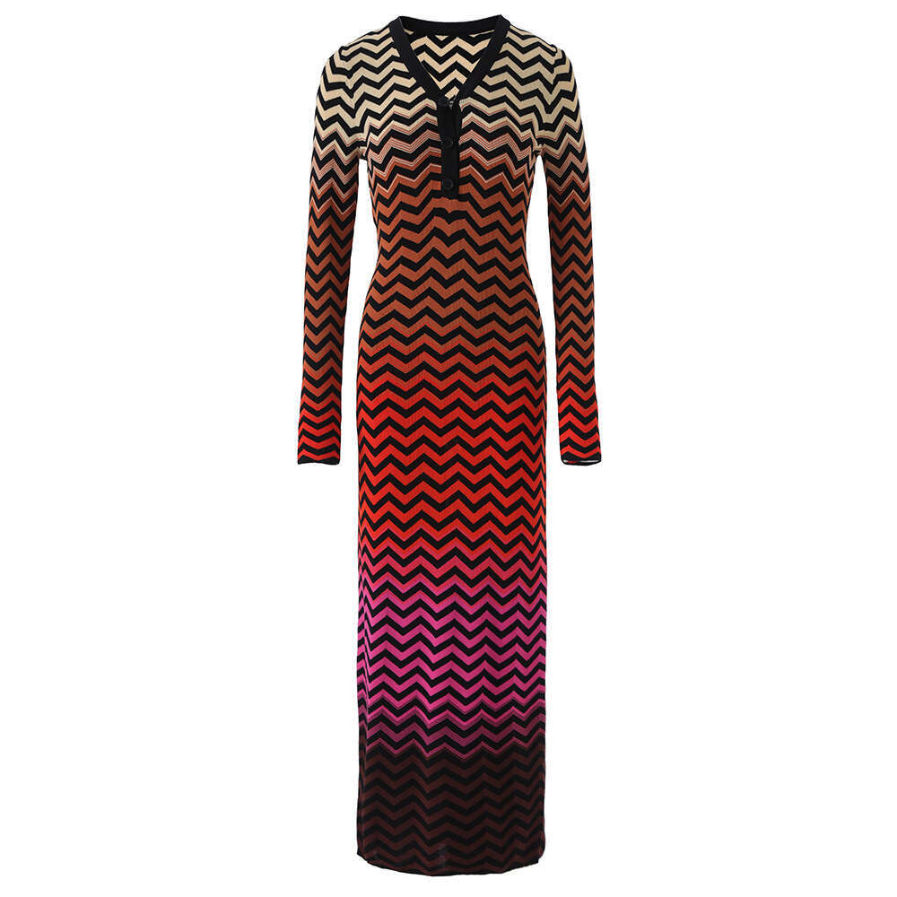 2026 Autumn and Winter New Gradient Wave Pattern V-neck A11 Long Sleeve Knitted Dress Elegant and Close fitting