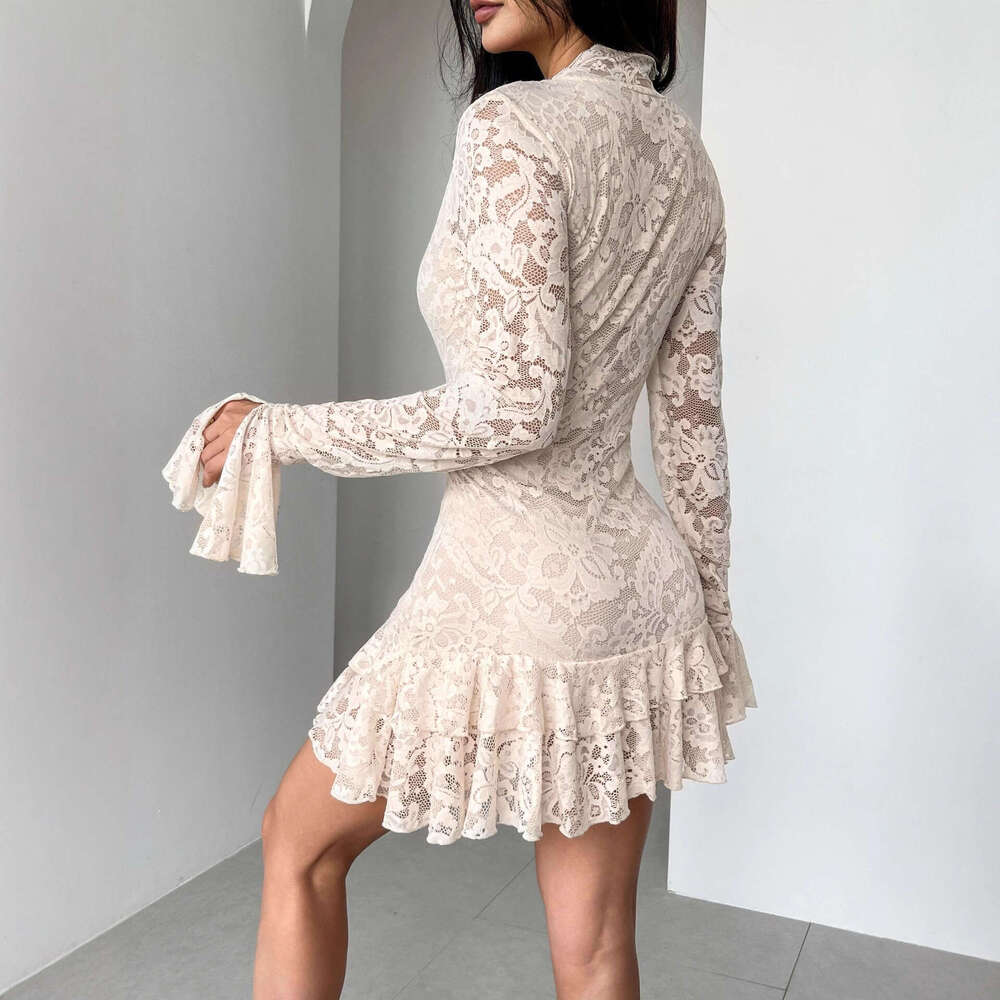 2026 Spring and a9 Summer New European and American A9 Lace V-neck Double layered A9 Ruffle Slimming Dress
