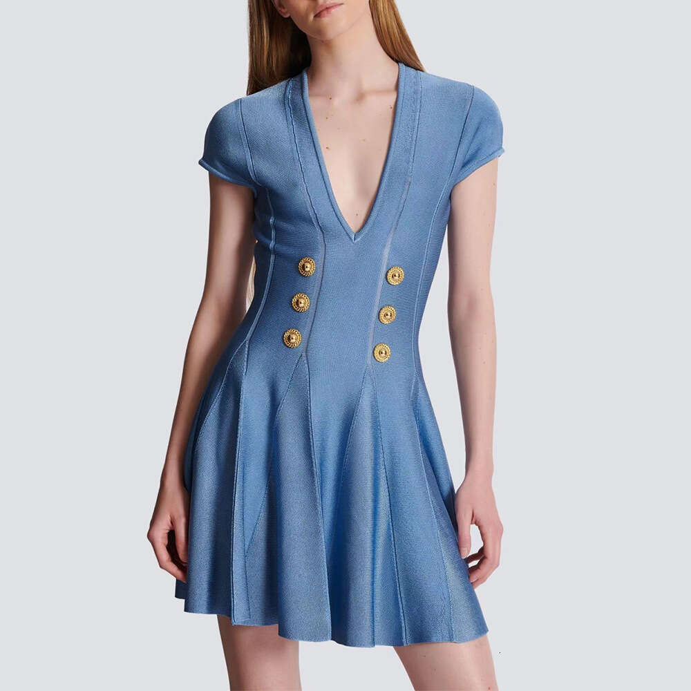 European and American Style 2025 Summer New High Quality Shoulder Sleeve V-neck Metal Buckle High Waist A10 Zipper Knitted Dress
