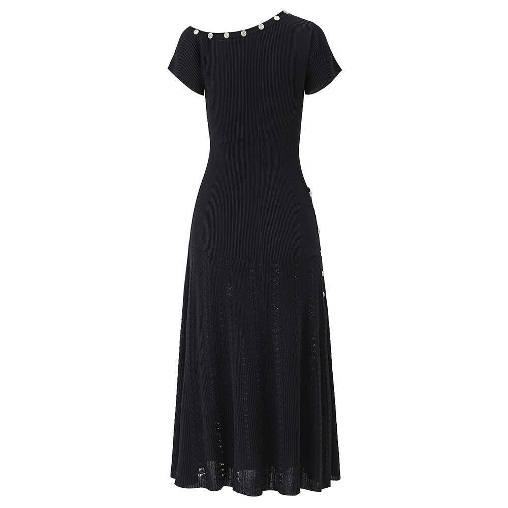 2026 Designer French Asymmetric A16 Shoulder Button Knitted Fashion Design Irregular Short Sleeve Fashion Dress