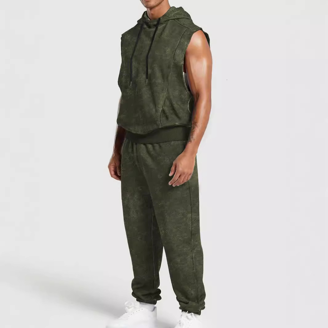 Polo New Men's European And American Street Fashion Vintage Designer Designer T-shirt Hoodie Full Print Floral Sleeveless Hooded Long Pants Set
