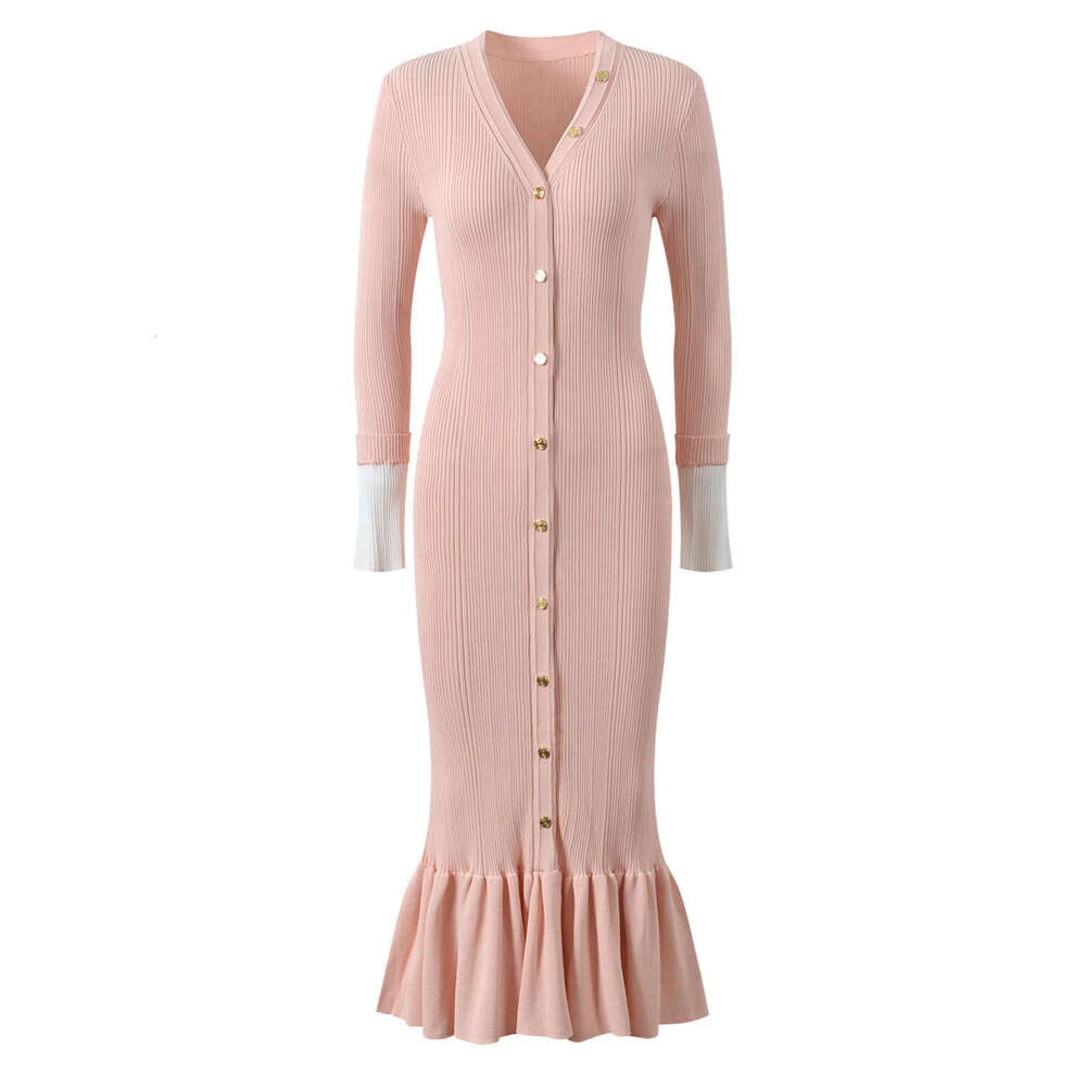2026 designer European and American women's B15 A15 V-neck single breasted fish tail slim fit long sleeved knitted dress