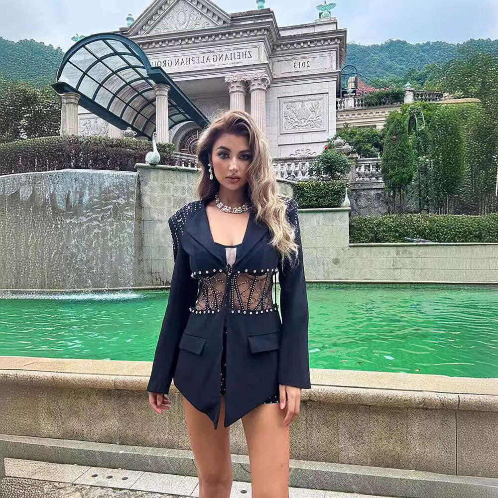 2026 New Women Two Piece Set Sexy Hollow Out Waist Cinching Slim Fit Romper Shorts With Rhinestone Long Sleeve Blazer Party Outfit MAKOUFEI