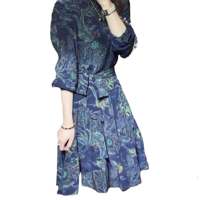 Autumn New French Elegant Blue Chinese Style Waist Cinching Slimming Floral Print Midi Dress Women Vintage A Line MAKOUFEI