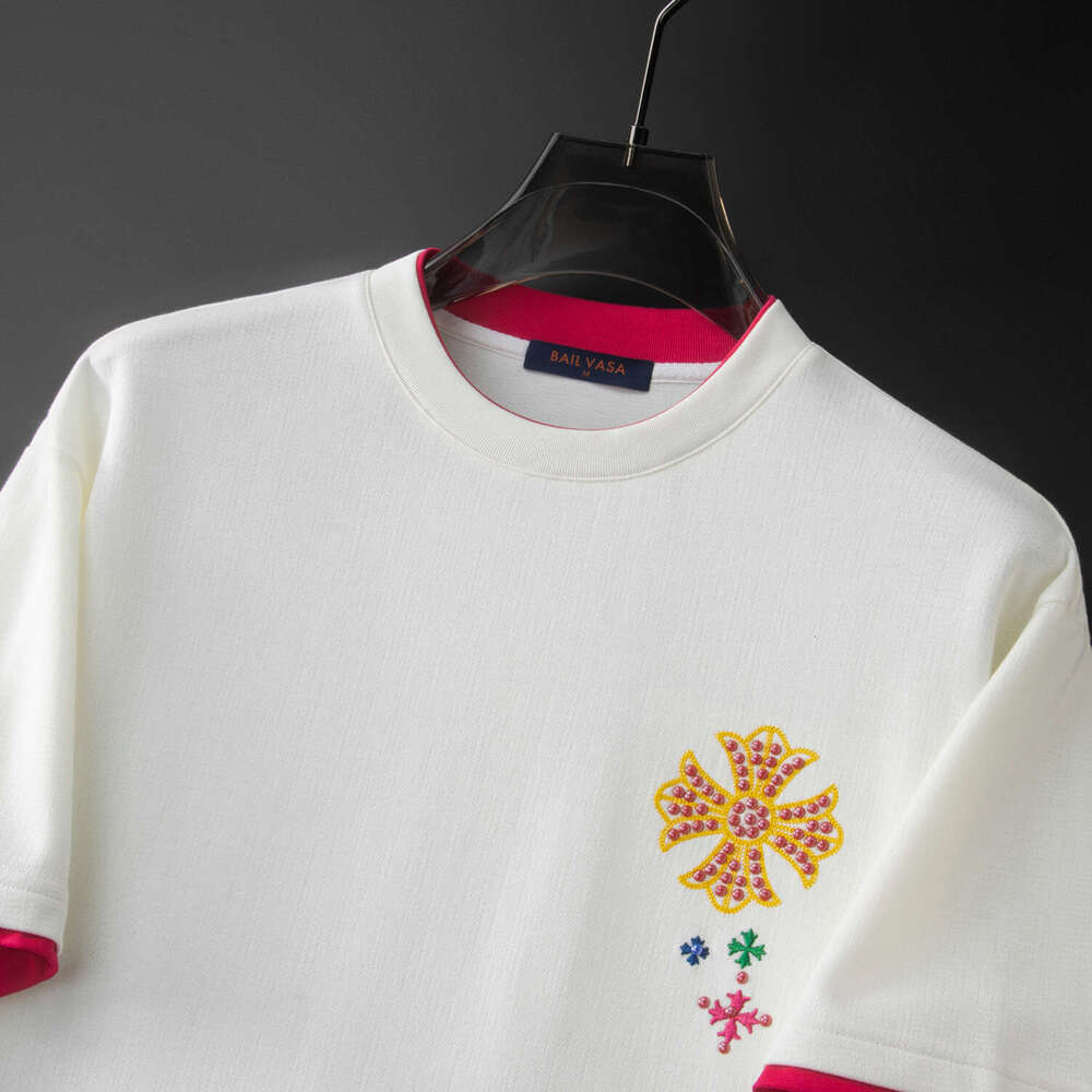 American Style 2026 New Summer Trendy Brand Cross-Embroidered Short-Sleeve T-Shirt For Men Round Neck Loose Fit Color-Blocking Half-Sleeve Luanyun Lua