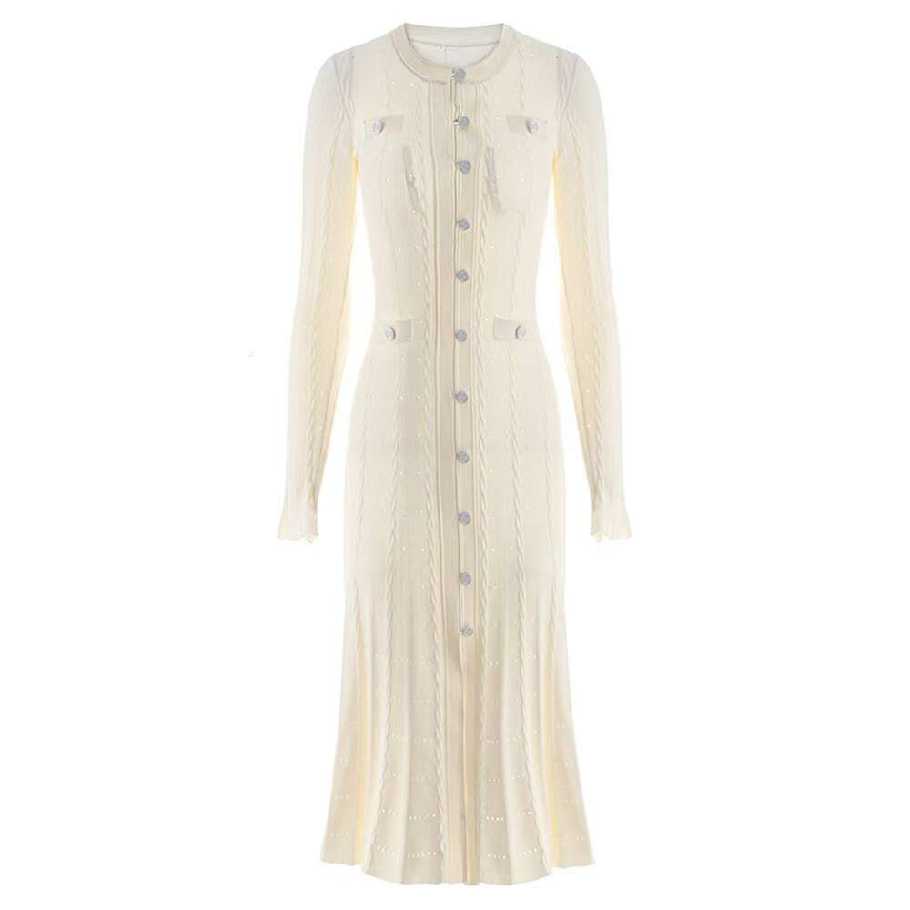 Spring and Autumn A14 Round Neck Long Dress French Women's Small Fragrant A14 Style Solid Color Split Single breasted Knitted Dress
