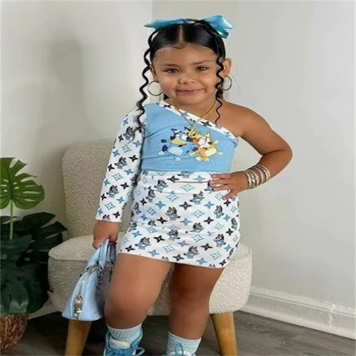 Cute kids Clothing Sets Girl Dress New Fashion Girl Cartoon Letter Printing Word Shoulder Tops Short Skirt Suit Designer Clothing Two-piece Set Size 90-140