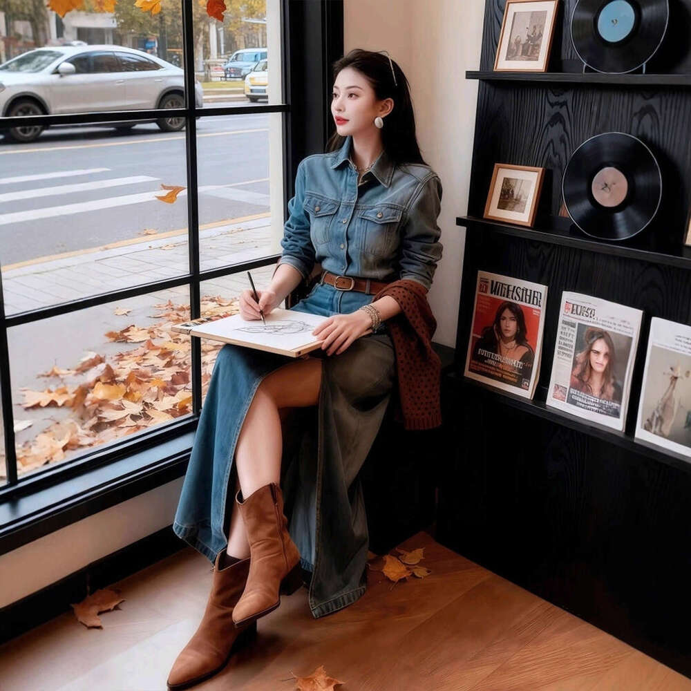 Autumn New Women Denim Two Piece Set High End Slim Waist Age Reducing Bodycon Skirt Casual Party Matching Outfit MAKOUFEI