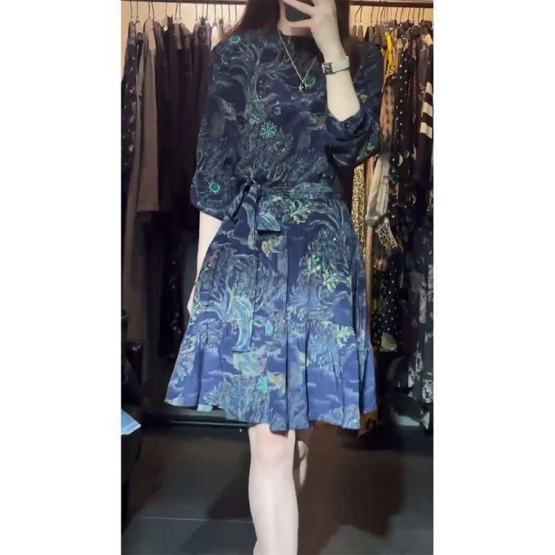 Autumn New French Elegant Blue Chinese Style Waist Cinching Slimming Floral Print Midi Dress Women Vintage A Line MAKOUFEI