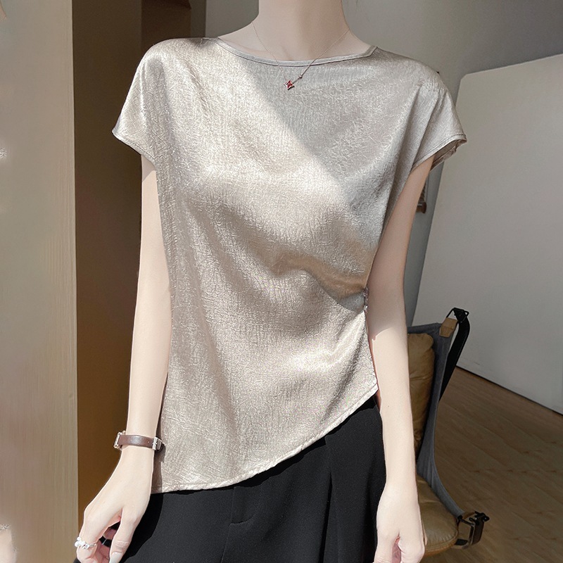 Exquisitely Designer Shirt Designed Highend Nd Delicte Fux Silk Cette Stin Shortsleeve Designer Hoodie Tshirt French Style Irregulr Polo Shirt Women&#