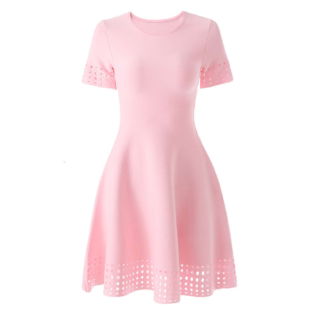 2026 Spring New Fashionable Casual Round Neck Large Bottom Waist Slimming Pink Hollow Short Sleeve Dress