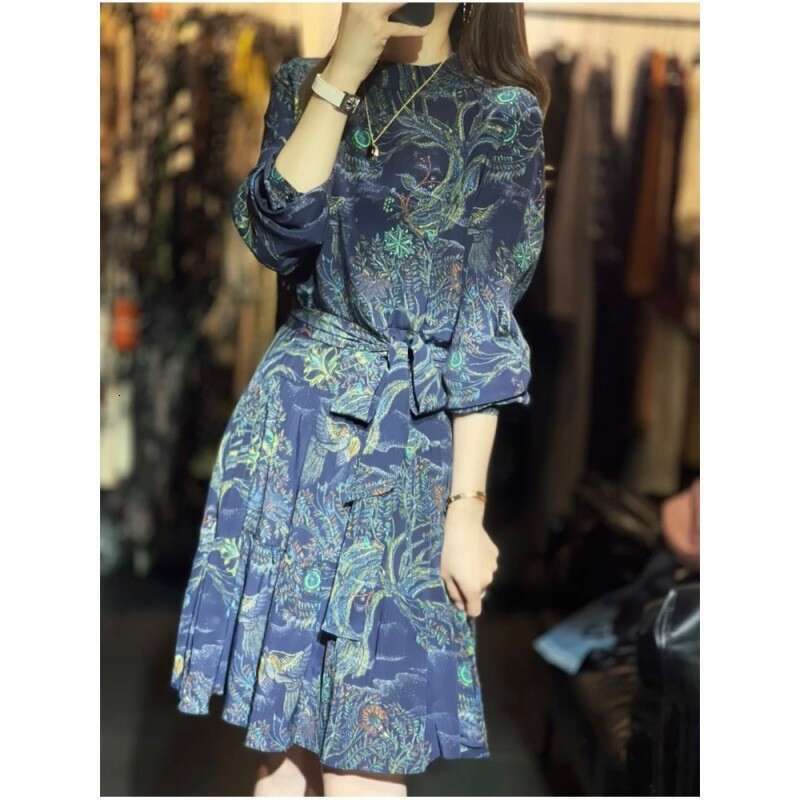 Autumn New French Elegant Blue Chinese Style Waist Cinching Slimming Floral Print Midi Dress Women Vintage A Line MAKOUFEI