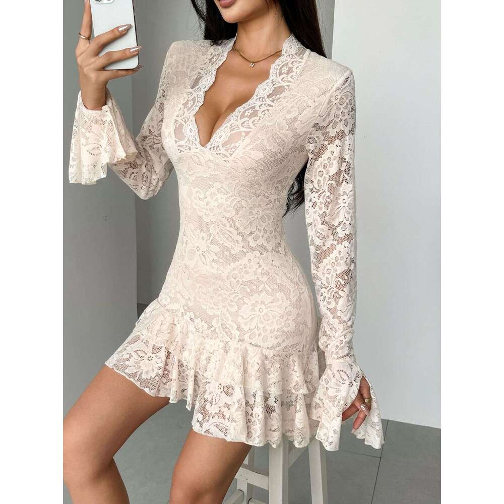2026 Spring and a9 Summer New European and American A9 Lace V-neck Double layered A9 Ruffle Slimming Dress