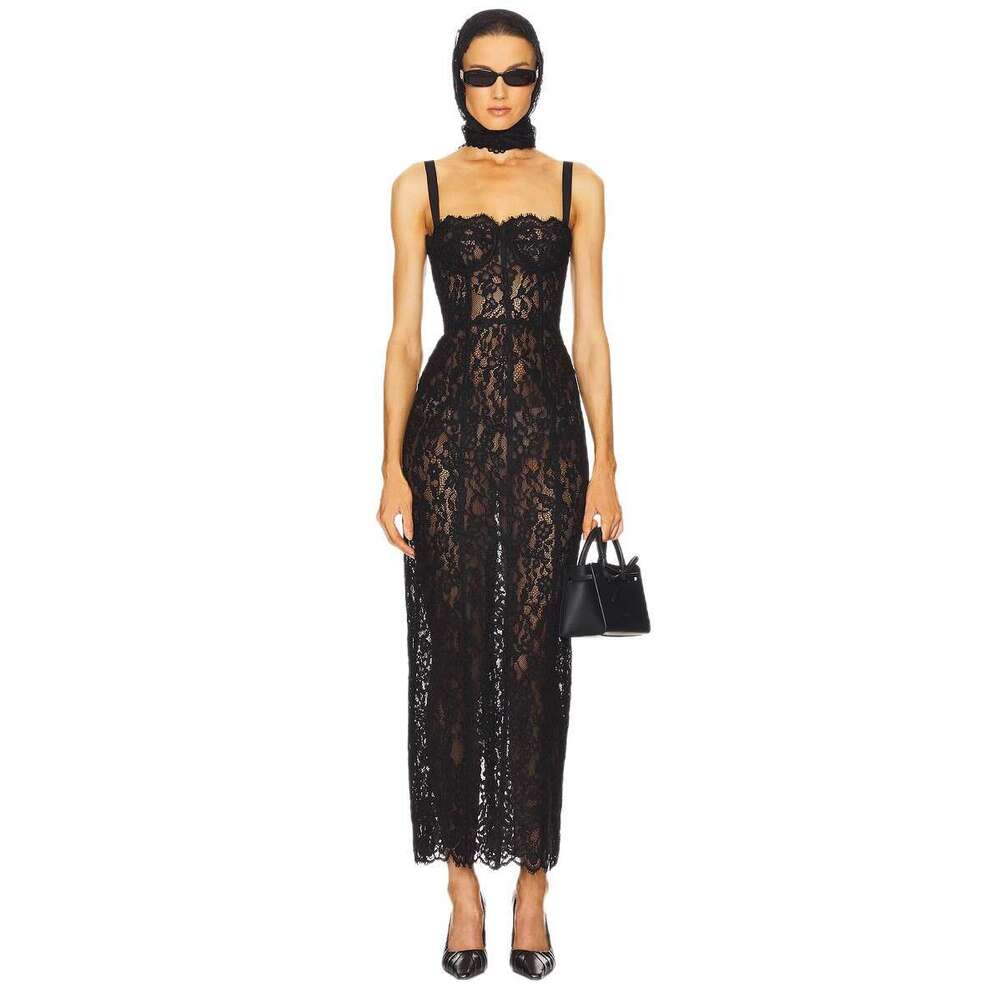 2026 New Women Black Lace Camisole Dress Sheer Slim Fit Bodycon Party Dress Sexy Luxury Elegant Evening Prom Gown MAKOUFEI