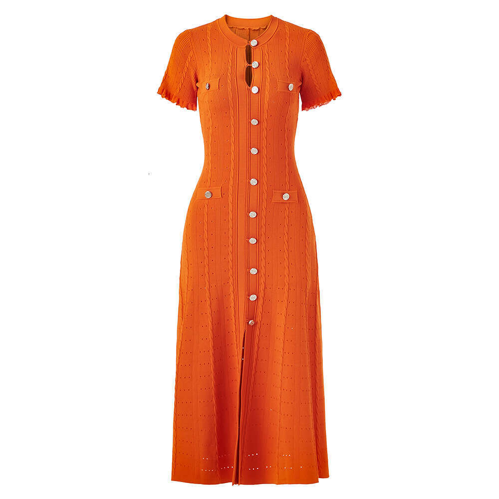 2026 Spring and Summer High Quality French Elegant Social Short h28 Sleeve Hollow Ribbed Single breasted Knitted Dress
