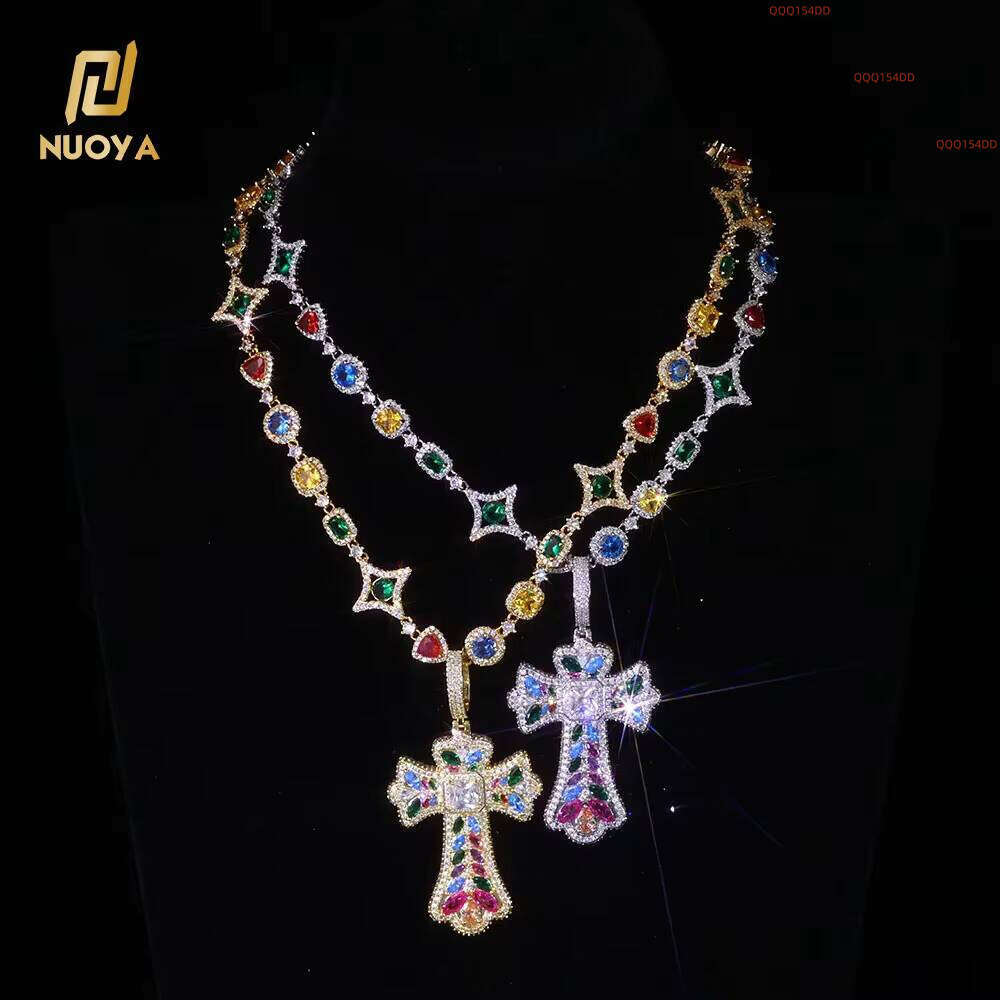 NUOYA Iced Out Colorful Cross Pendant Necklace Gold Plated Large Baguette CZ Diamonds Custom Charm Design Hip Hop Jewelry