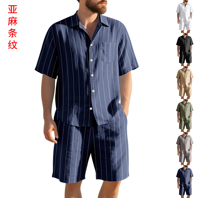 Polo Summer Linen Set Men's Striped Jacquard Loose Designer T-shirt Short Sleeve Shirt Beach Designer Hoodie Shorts Twopiece Set