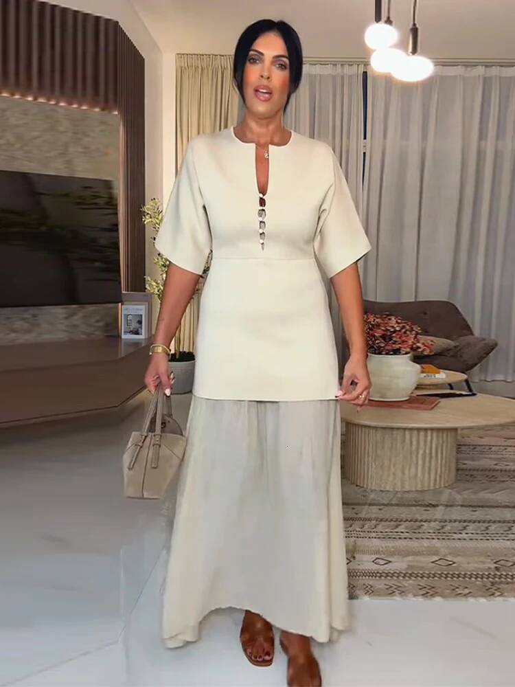 Elegant Mesh Patchwork Dress Lady O-neck Short Sleeve Single Breasted Maxi Dresses 2026 Spring Summer Solid All-match Party Gown