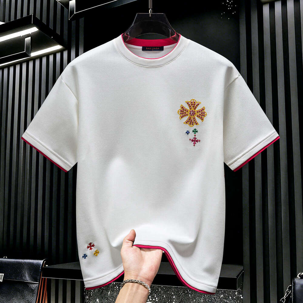 American Style 2026 New Summer Trendy Brand Cross-Embroidered Short-Sleeve T-Shirt For Men Round Neck Loose Fit Color-Blocking Half-Sleeve Luanyun Lua