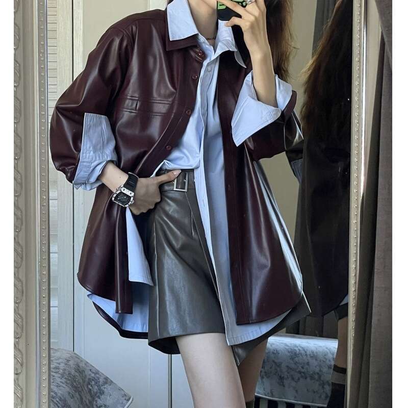Autumn Winter Grape Purple PU Leather Jacket For Women Vintage Casual Slim Fit Outwear Coat Fashion Streetwear Ladies Tops MAKOUFEI