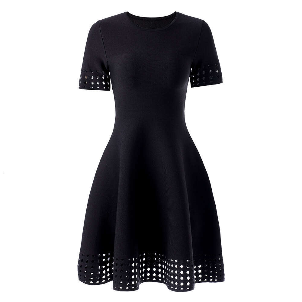 2026 A10 Spring New Fashionable Casual Round Neck Large Bottom Waist Slimming Pink Hollow Short Sleeve Dress