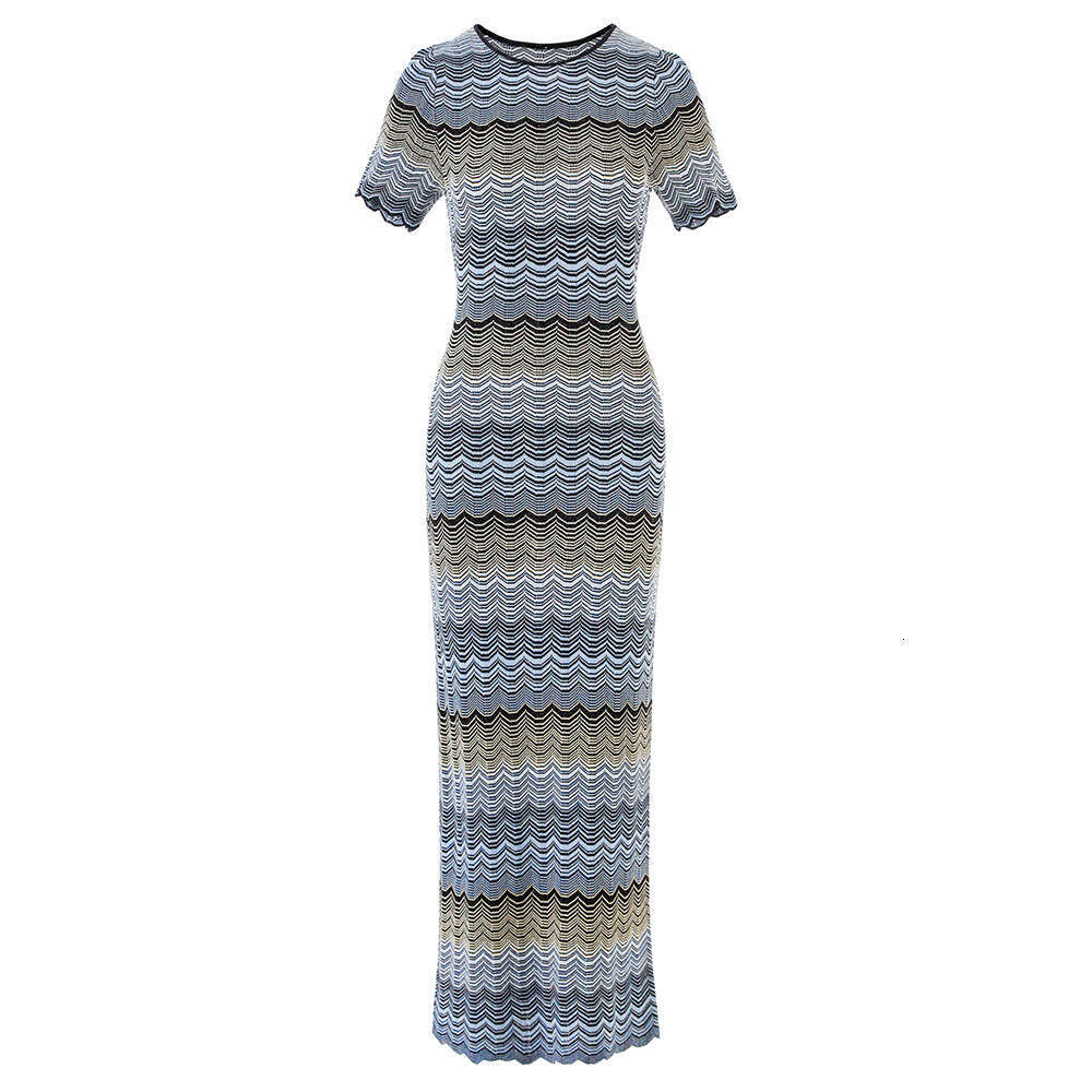 2026 Summer New Gradient Color Splicing High Elasticity Short Sleeve r27 Knitted Medium Length Slimming Dress