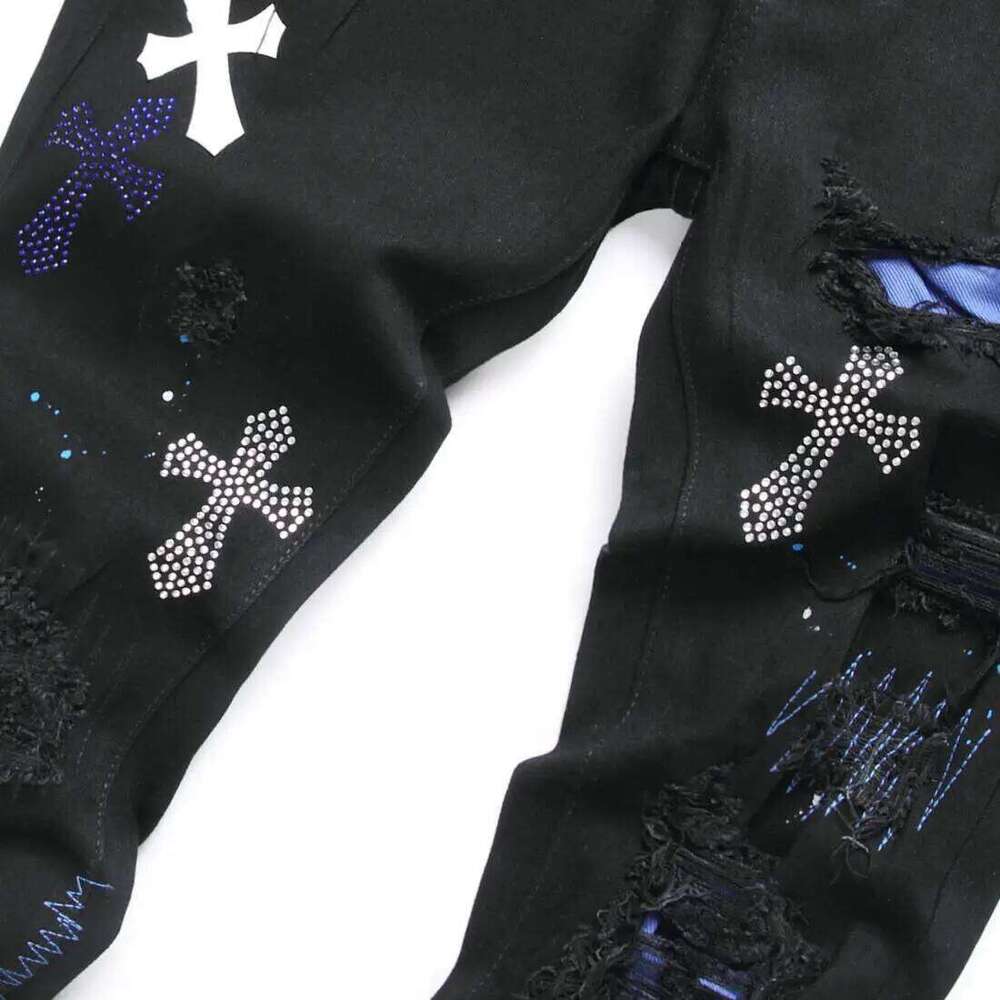 European Jeans With Distressed Patches, Black Trendy Elastic Slim Fit Leggings, Personalized Men's Pants 26H0314