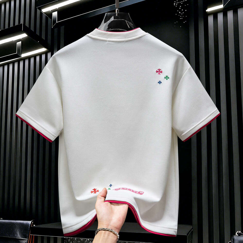 American Style 2026 New Summer Trendy Brand Cross-Embroidered Short-Sleeve T-Shirt For Men Round Neck Loose Fit Color-Blocking Half-Sleeve Luanyun Lua