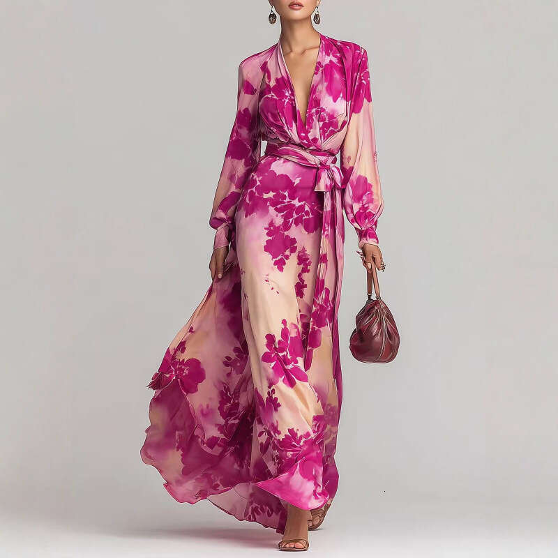 2026 European American Style Elegant Spring New Dress With Printed Chiffon, Long Sleeves, V-Neck, And Tie Belt