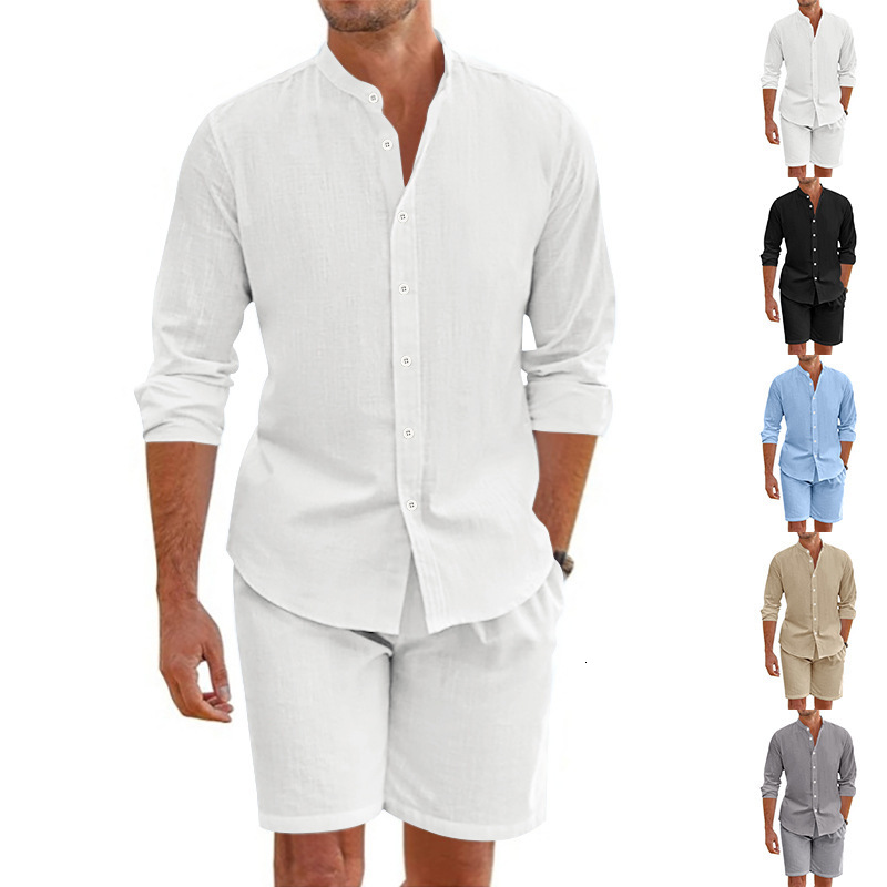 American Style Summer Men's Loose Casual Designer T-shirt Linen Breathable Hawaiian Simple Long Designer Hoodie Sleeve Polo Shirt Beach Shorts Set