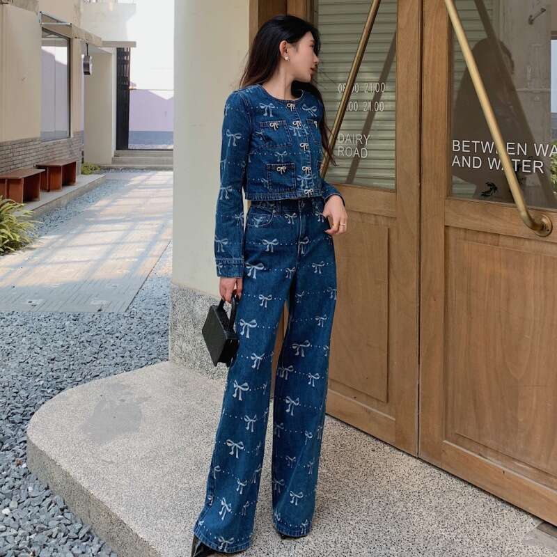 New Women S Clothing Bow Decoration Printed Long Sleeve Round Neck Wide Leg Pants Fashion Denim Suit Only Coat MAKOUFEI