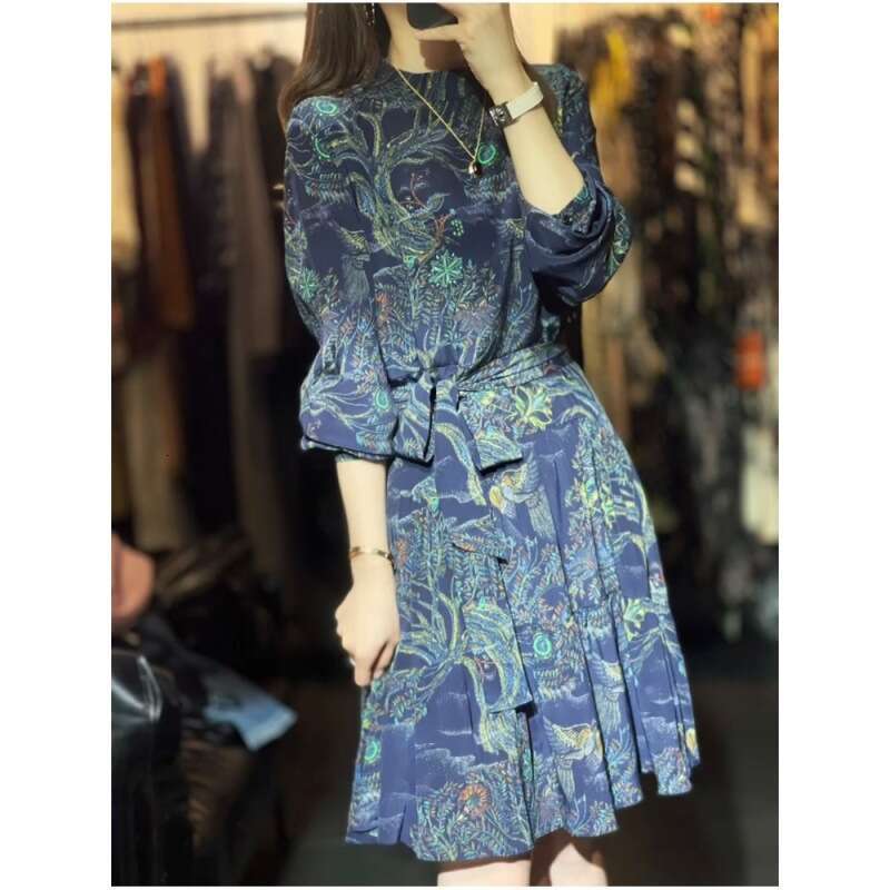 Autumn New French Elegant Blue Chinese Style Waist Cinching Slimming Floral Print Midi Dress Women Vintage A Line MAKOUFEI
