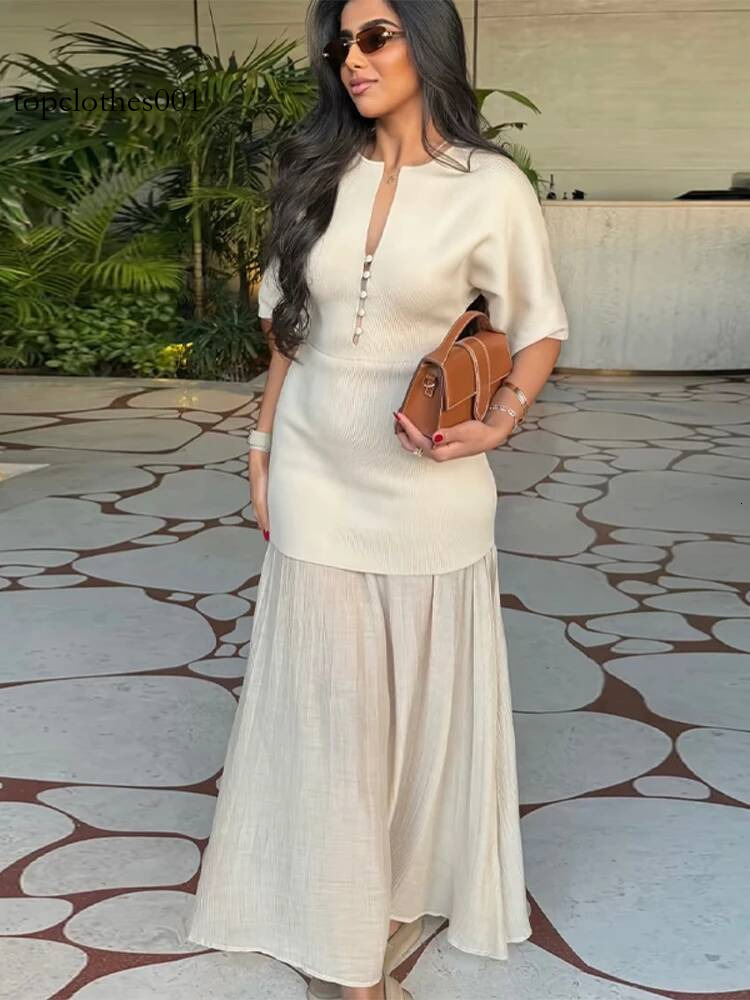 Elegant Mesh Patchwork Dress Lady O-neck Short Sleeve Single Breasted Maxi Dresses 2026 Spring Summer Solid All-match Party Gown