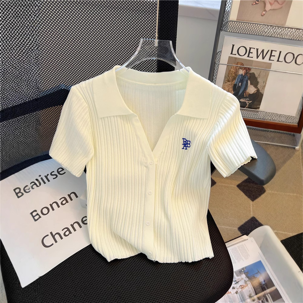 Vneck For Women Summer French Style High Wist Polo Shirt Highend Designer Hoodie Smll Petite Ice Silk Designer Shirt Knitted Polo Shirt Wistcinching S