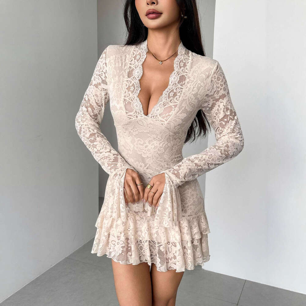 2026 Spring and a9 Summer New European and American A9 Lace V-neck Double layered A9 Ruffle Slimming Dress