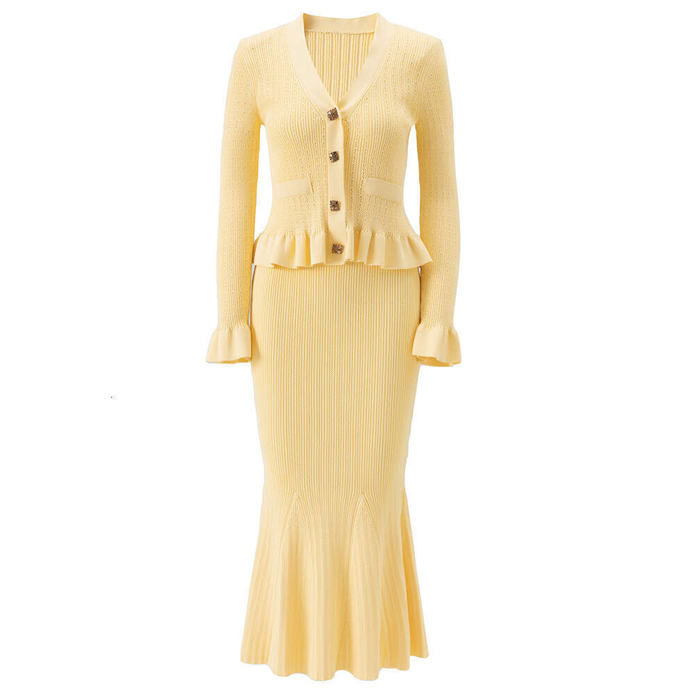 f23 2026 Autumn f23 New Designer f23 Waist Bell Sleeve Knitted Top+Fishtail Pencil Two Piece Skirt Set