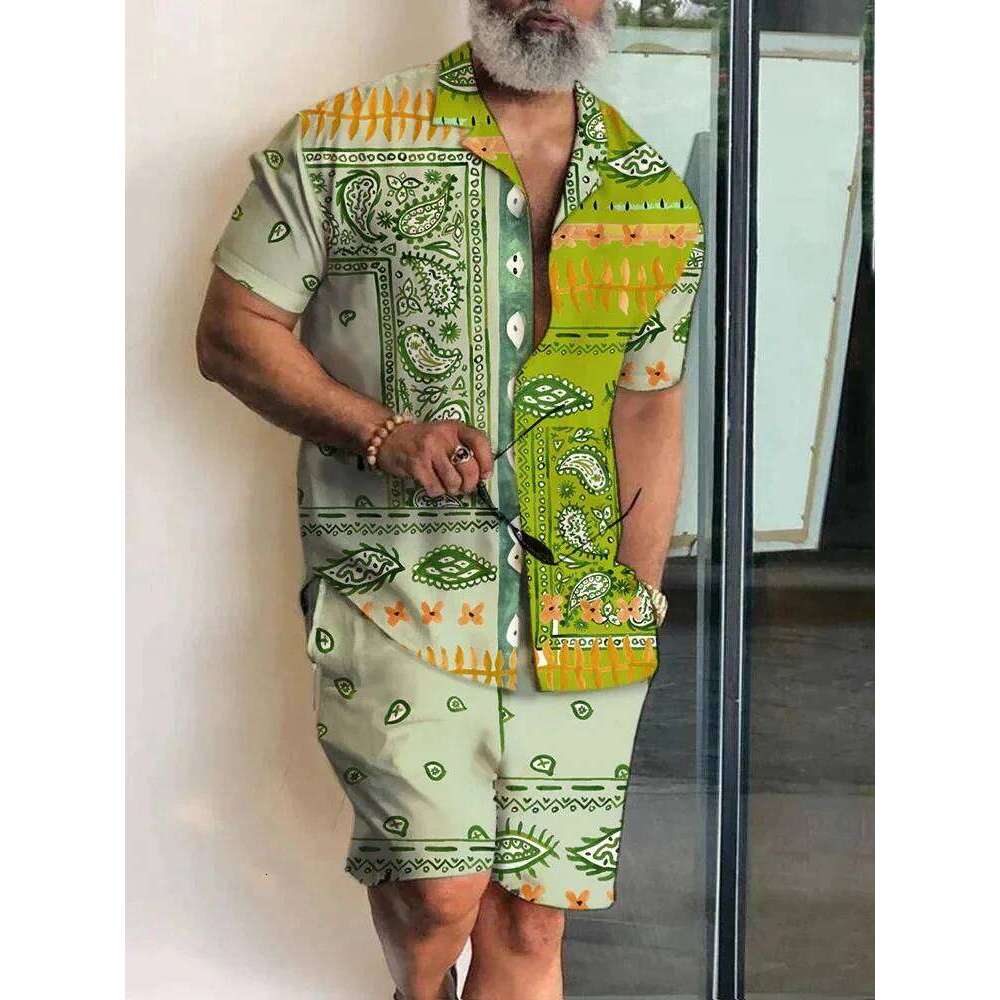 Summer Baroque Luxury Shirt Set Men's Hawaii Vacation Short Sleeve Shirts Suits Drawstring Shorts 2 Pcs Party Clothes