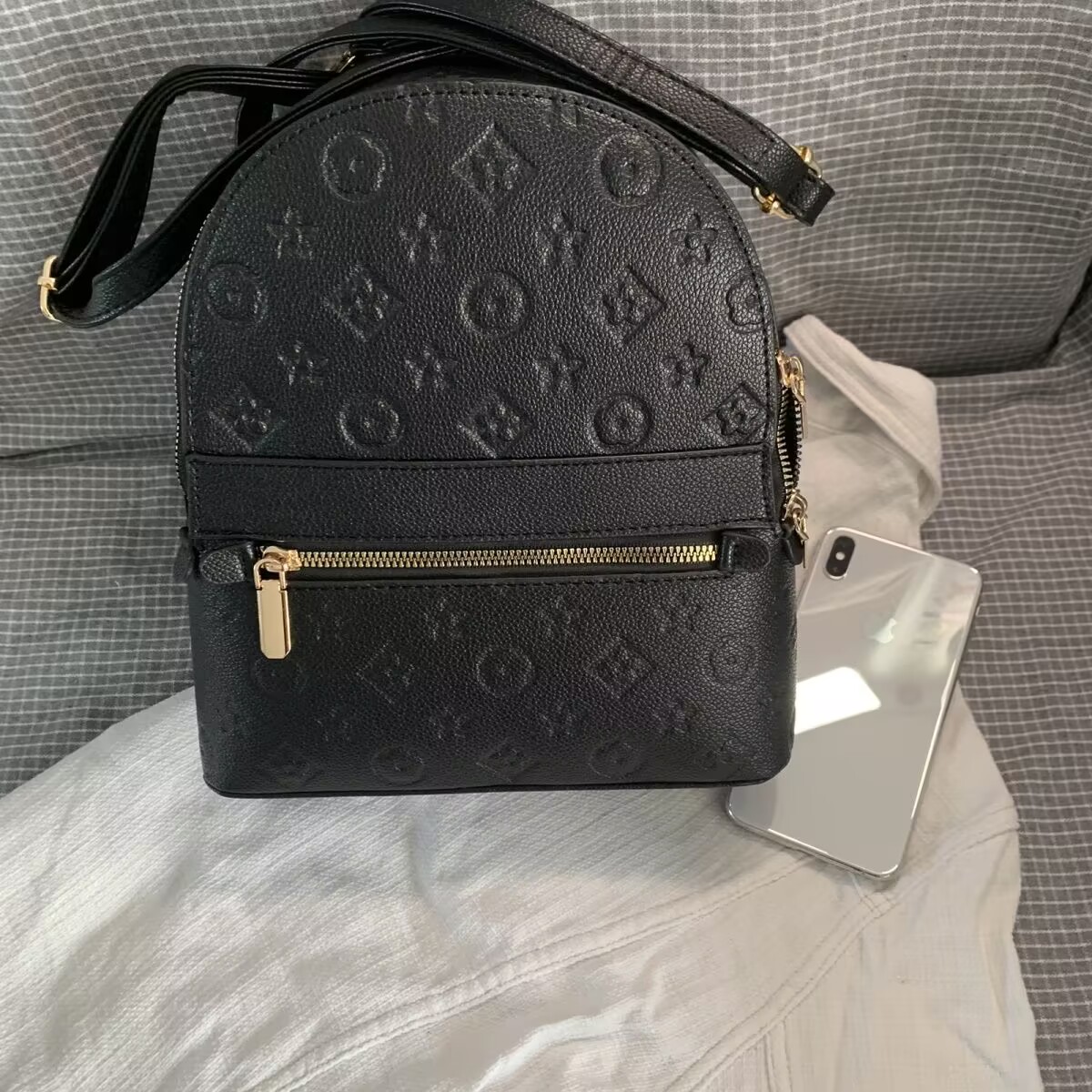 Women'S Mini Embossed Letter Backpack Faux Leather Casual Bag Small Travel Bag With Front Zipper Pocket