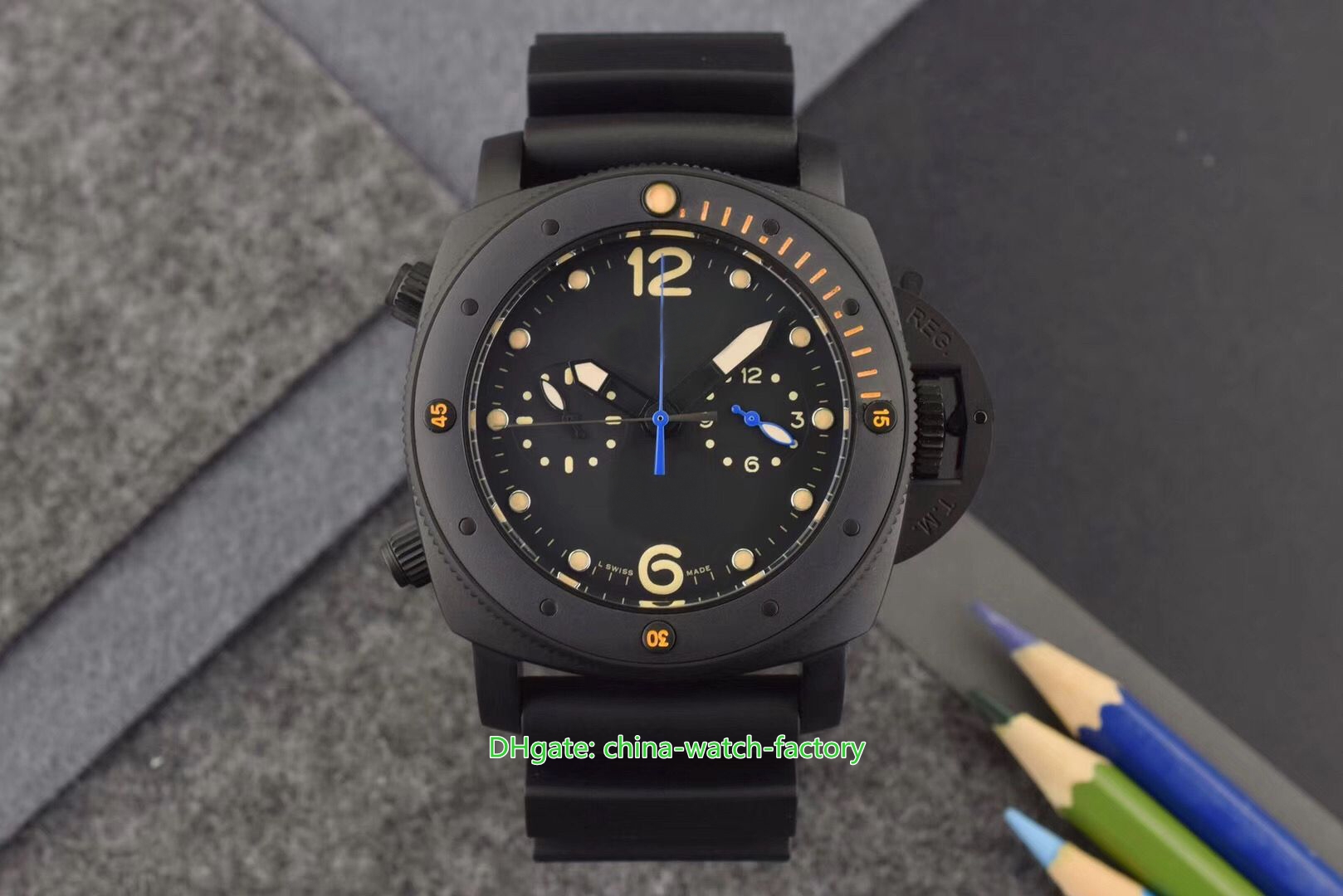 Excellent Mens Watch Top Quality 47mm PAM615 PAM00615 Black PVD Case Chronometer Rubber Bands Sapphire LumiNova Watches Mechanical Automatic Men's Wristwatches