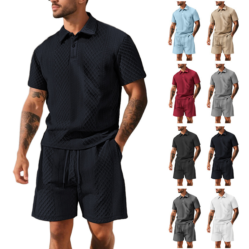 Men's Summer European And Designer T-shirt American New Jacquard Fabric Men's Casual Sports Thin Polo Designer Hoodie Collar Polo Shirt Short Sleeve Set