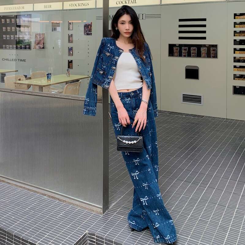 New Women S Clothing Bow Decoration Printed Long Sleeve Round Neck Wide Leg Pants Fashion Denim Suit Only Coat MAKOUFEI