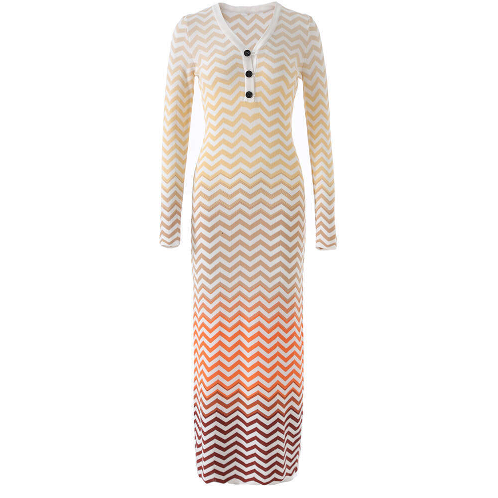 2026 Autumn and Winter New Gradient A10 Wave Pattern V-neck Long Sleeve Knitted Dress Elegant and Close fitting