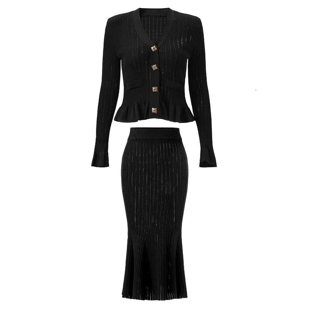 2026 Autumn New Designer Waist Bell Sleeve Knitted Top+Fishtail Pencil Two Piece g25 Skirt Set