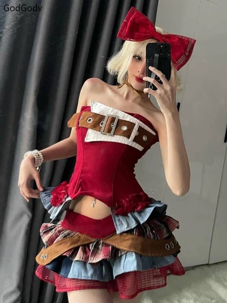 Preppy Vintage Red Denim Bustier Tops + Sweet Spicy Pure Design Mini Cake Skirt Women 2 Piece Sets Summer 2025 Korea Style