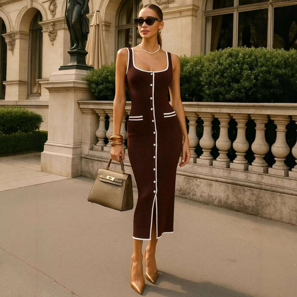 New Russian European And American Style Women S Vest Dress Color Blocking Single Row Multi Button Slit Long Knit MAKOUFEI